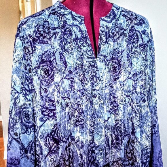 Charter Club Blue Pleat Front Long-Sleeve Blouse - Picture 1 of 7